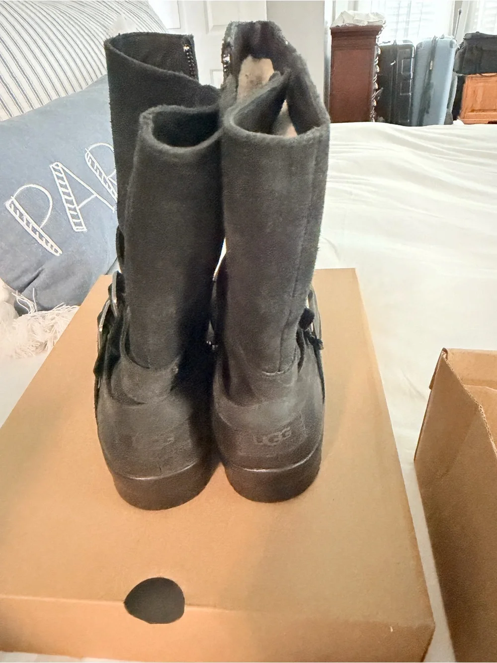 UGG Lorna Black Mid-Calf Buckle Boots